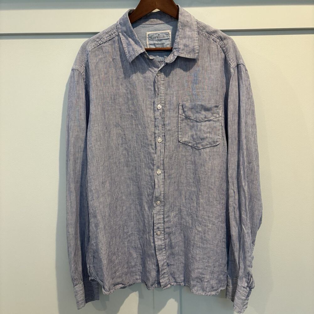 Blue Harbour Linen Shirt‎ Men XL Blue White Striped Marks & Spencer Beach Resort